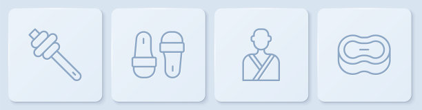 设置线蜂蜜勺棒，男人在桑拿，桑拿拖鞋和肥皂。白色正方形按钮。向量图片下载