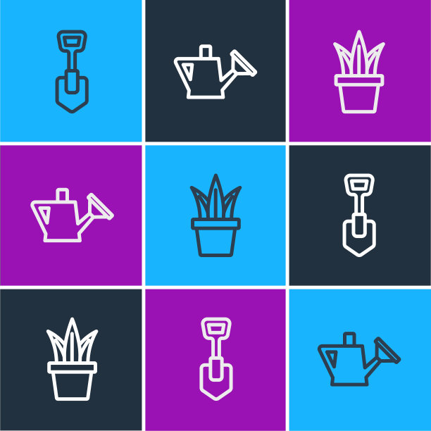 设置线铲，花盆和喷壶图标。向量图片下载