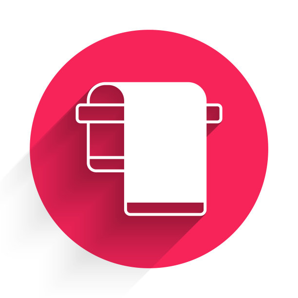 白色毛巾在衣架图标孤立与长阴影背景。浴室毛巾图标。红色圆圈按钮。向量图片下载