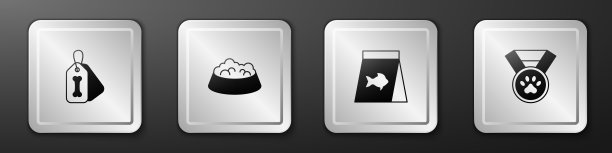 狗项圈与骨头，宠物食物碗猫或狗，食物鱼和奖励标志图标。银广场按钮。向量图片下载