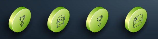 设置等距线女性性别符号，浪漫的女孩，和信封与情人节的心图标。向量图片下载