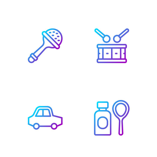 集肥皂泡沫瓶，玩具车，拨浪鼓婴儿玩具，鼓槌鼓生产线于一体。渐变颜色图标。向量图片下载