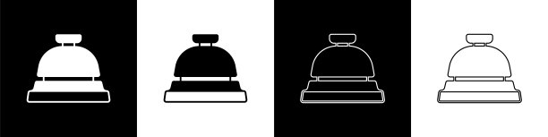 设置酒店服务钟图标孤立在黑白背景上。接待贝尔。向量图片下载