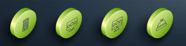 设置酒店建筑等距线、五星级评级点评、服务钟图标。向量图片下载