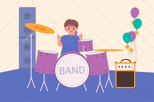 在音乐会上打鼓的孩子，快乐的男孩鼓手音乐家拿着鼓槌图片下载