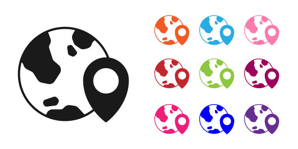 在白色背景上孤立的全球图标上的黑色位置。土相星座。设置图标丰富多彩。向量图片下载