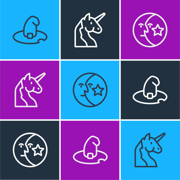 设置线女巫帽子，月亮和星星和独角兽图标。向量图片下载