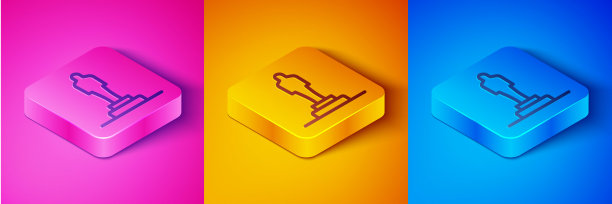 等距线3D打印机模型图标孤立在粉红色和橙色，蓝色背景。3 d打印技术。方形按钮。向量图片下载