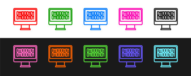 设置行二进制代码图标孤立在黑色和白色背景。向量图片下载