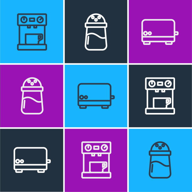 设置线咖啡机，面包机和盐的图标。向量图片下载