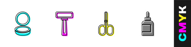 设置化妆粉与镜子，剃须刀，剪刀和霜乳液化妆品管图标。向量图片下载