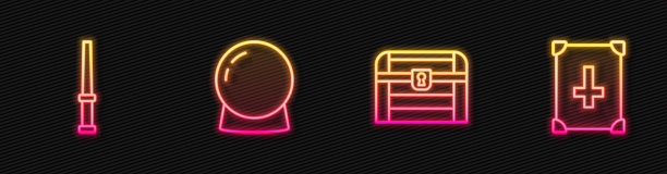 集古玩宝箱、魔术棒、球和古玩魔术书于一体。发光的霓虹灯图标。向量图片下载