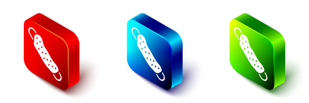 在白色背景上孤立的等距毛巾图标。澡堂桑拿浴巾招牌。娱乐和放松的项目。红色、蓝色和绿色方形按钮。向量图片下载