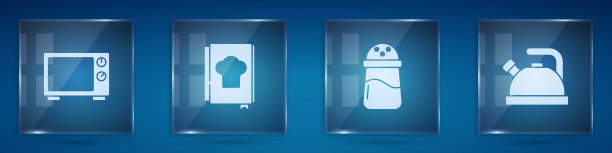 微波炉，烹饪书，盐和水壶，带手柄。方形玻璃面板。向量图片下载