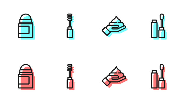 设置线霜或乳液化妆品管，止汗除臭剂卷，睫毛膏刷和图标。向量图片下载