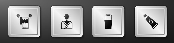 把毛巾放在衣架上，男人在桑拿浴室，桑拿桶和奶油或乳液化妆品管图标。银广场按钮。向量图片下载