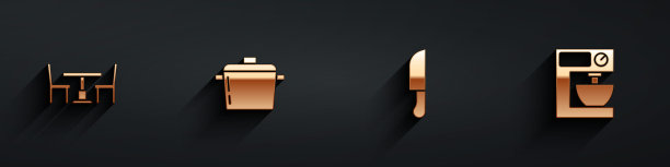 设置木桌与椅子，煮锅，刀和电动搅拌机图标与长阴影。向量图片下载