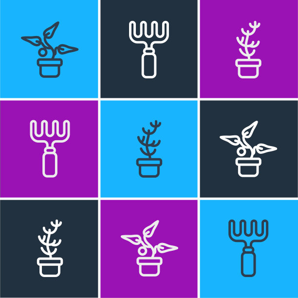 设置线植物在花盆，异国情调的热带植物和花园耙子图标。向量图片下载