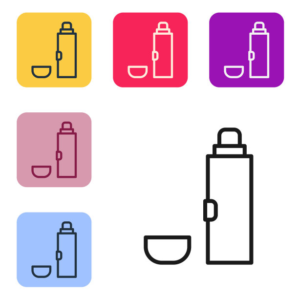 黑色线热水瓶容器图标孤立在白色背景上。热瓶图标。露营和徒步旅行的设备。设置彩色方块按钮图标。向量图片下载