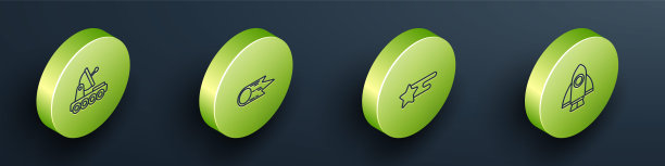 设置等距线火星探测器，彗星快速下落，流星和火箭飞船图标。向量图片下载