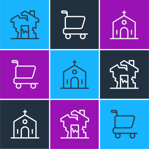 设置线废墟的房子，教堂建筑和购物车图标。向量图片下载