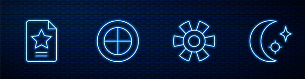 日落线太阳，星座星座，地球仪和月亮和星星。砖墙上闪烁的霓虹灯图标。向量图片下载