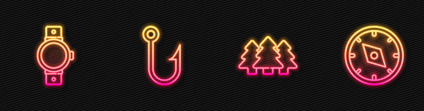 设置森林线，智能手表，鱼钩和指南针。发光的霓虹灯图标。向量图片下载