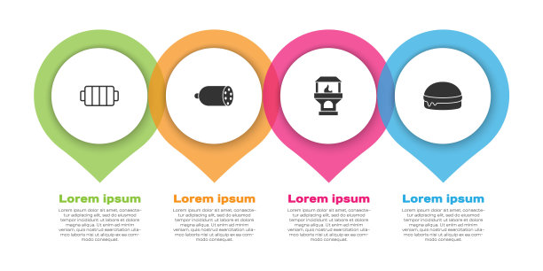 设置烧烤架，香肠，砖炉和汉堡。业务信息模板。向量图片下载