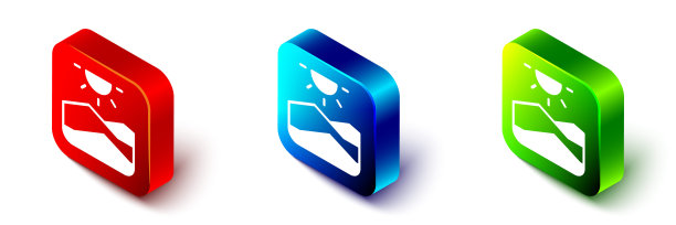 等距干旱图标孤立在白色背景上。红色、蓝色和绿色方形按钮。向量图片下载