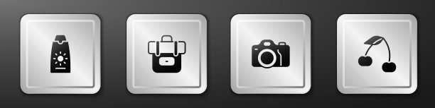 设置防晒霜管，徒步旅行背包，相机和樱桃图标。银广场按钮。向量图片下载