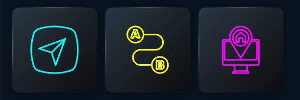 设置线路城市地图导航，监控位置和路线。黑色方形按钮。向量图片下载