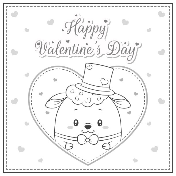 情人节爱可爱的羊大心脏卡片与快乐的情人节文字与心素描着色图片下载