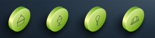 设置等距线蛋糕，冰淇淋在碗，棒棒糖和果冻蛋糕图标。向量图片下载