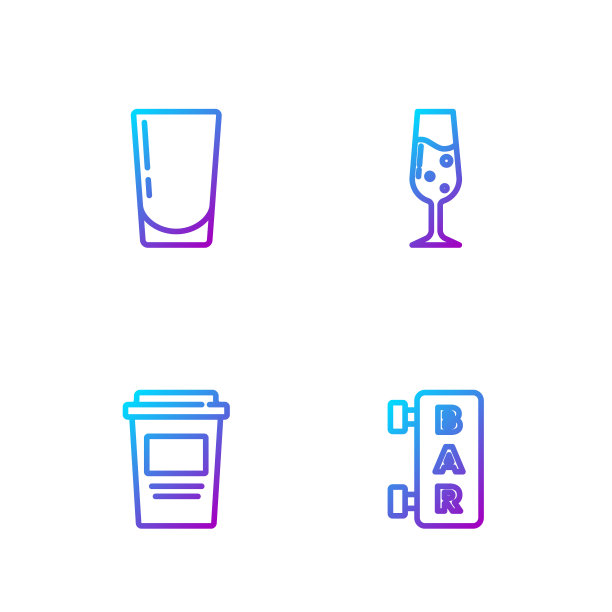 设有酒吧、咖啡杯、玻璃水、香槟等街道指示牌。渐变颜色图标。向量图片下载