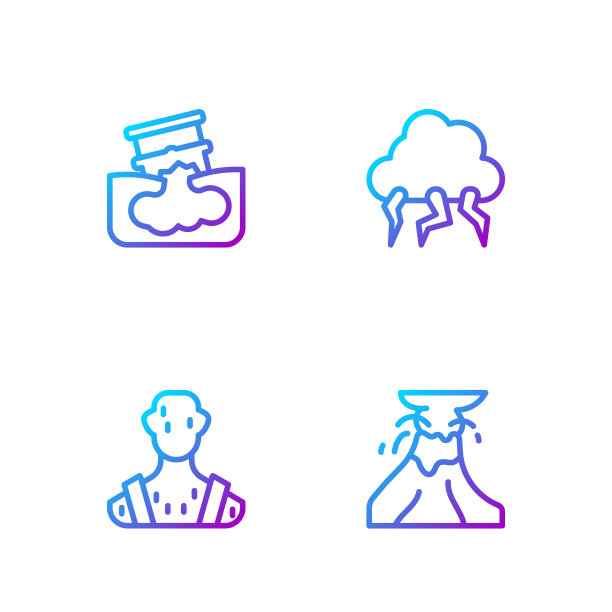 火山喷发熔岩，高温，桶油泄漏和风暴。渐变颜色图标。向量图片下载