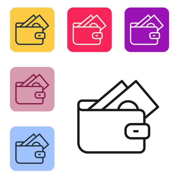 黑线钱包与叠纸钱现金图标孤立在白色背景。钱包图标。现金储蓄的象征。设置彩色方块按钮图标。向量图片下载