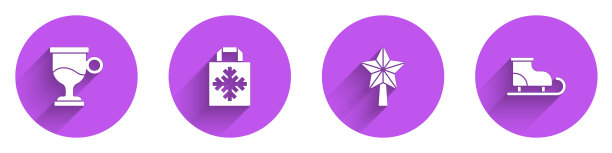 集热酒，圣诞购物袋，明星和花样滑冰图标与长阴影。向量图片下载