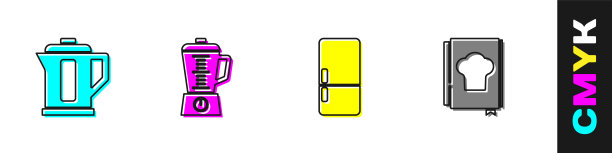 设置电水壶，搅拌机，冰箱和烹饪书图标。向量图片下载