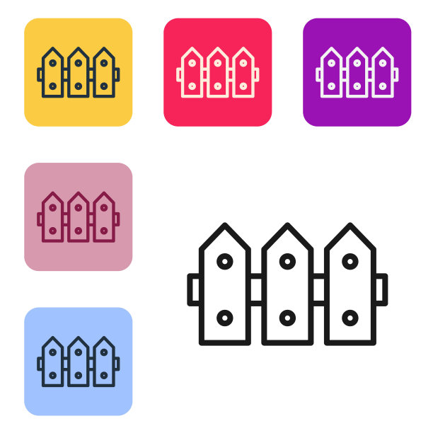 黑色线花园栅栏木图标孤立在白色背景上。设置彩色方块按钮图标。向量图片下载