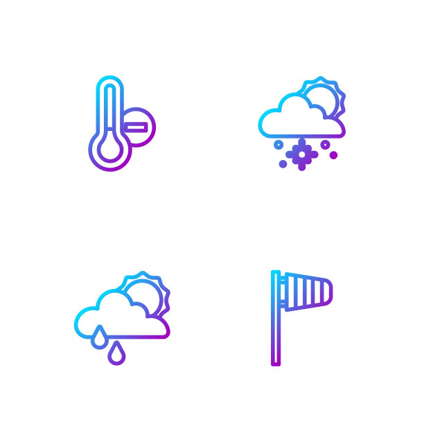 设置线锥形风向标，云，雨和太阳，气象温度计和雪。渐变颜色图标。向量图片下载