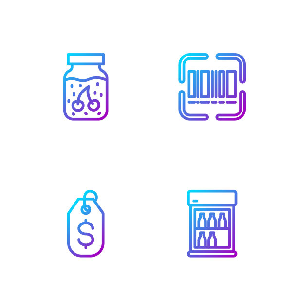 集商用冰箱、美元价格标签、果酱罐、条码扫描器于一体。渐变颜色图标。向量图片下载