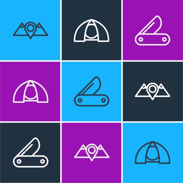 设置线位置山，瑞士军刀和旅游帐篷图标。向量图片下载