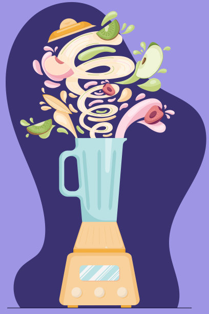 用电动搅拌机制作新鲜水果奶昔，准备健康的有机食品。猕猴桃，桃子，樱桃，苹果和芒果果汁的平面卡通风格。矢量图图片下载