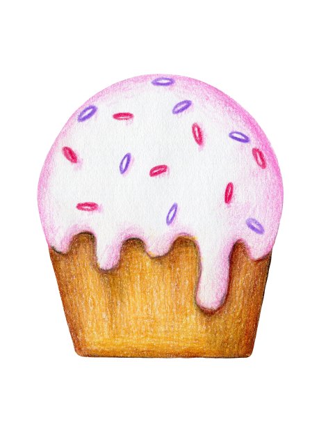 卡通图案，浇上白色糖霜的美味纸杯蛋糕，彩色铅笔图片下载