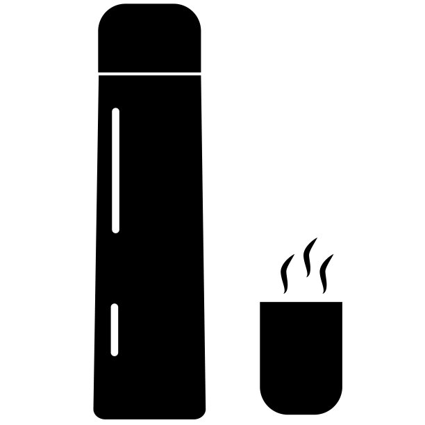 白色背景的热水瓶和热饮杯。热水瓶的迹象。平的风格。图片下载