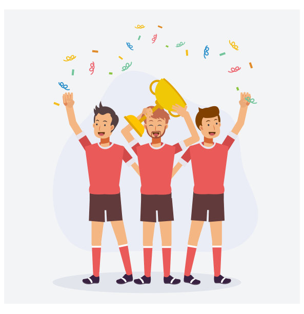 足球，足球队队员庆祝他们刚刚赢得的金杯。足球联赛冠军的概念。平面矢量卡通人物插图图片下载