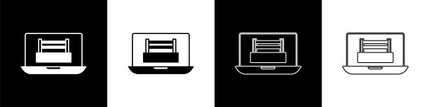 设置拳击环显示在笔记本电脑图标孤立在黑白背景上。向量图片下载