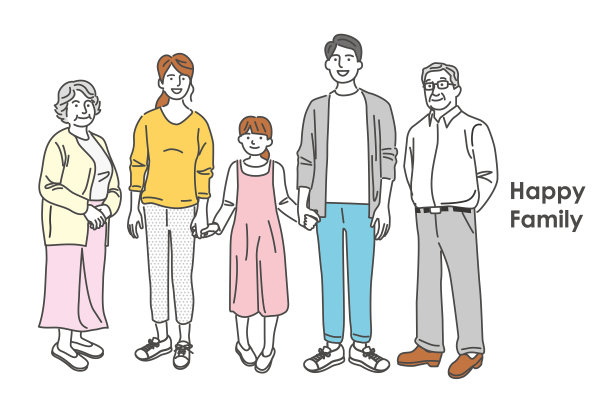夫妇、祖父母和孙辈的家庭全身插画材料图片下载