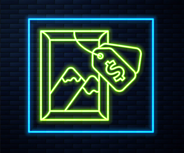 霓虹灯线拍卖绘画图标孤立在砖墙背景。拍卖竞标。销售和买家。向量图片下载