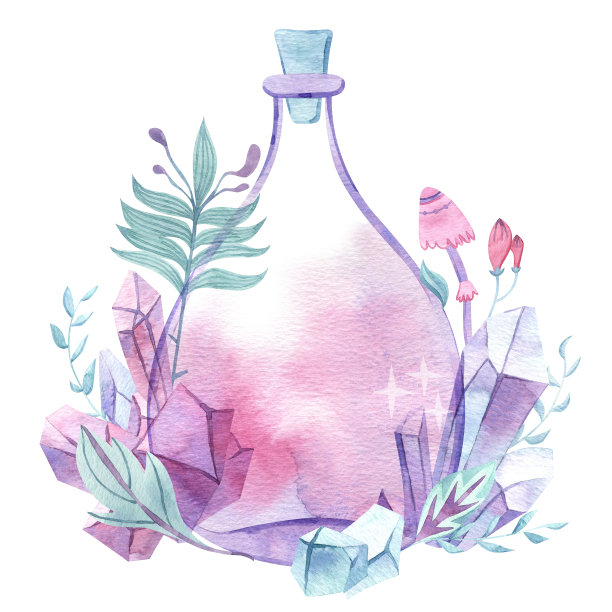 水彩魔术瓶水晶和花卉元素。玻璃香水瓶，长生不老药或毒药。图片下载